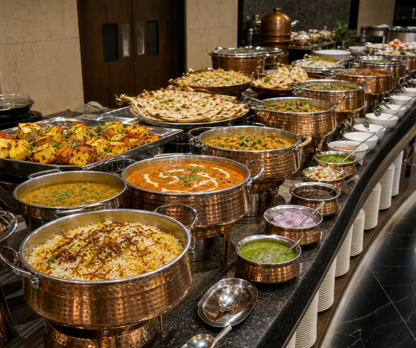 A professional Indian restaurant food and preparation scene