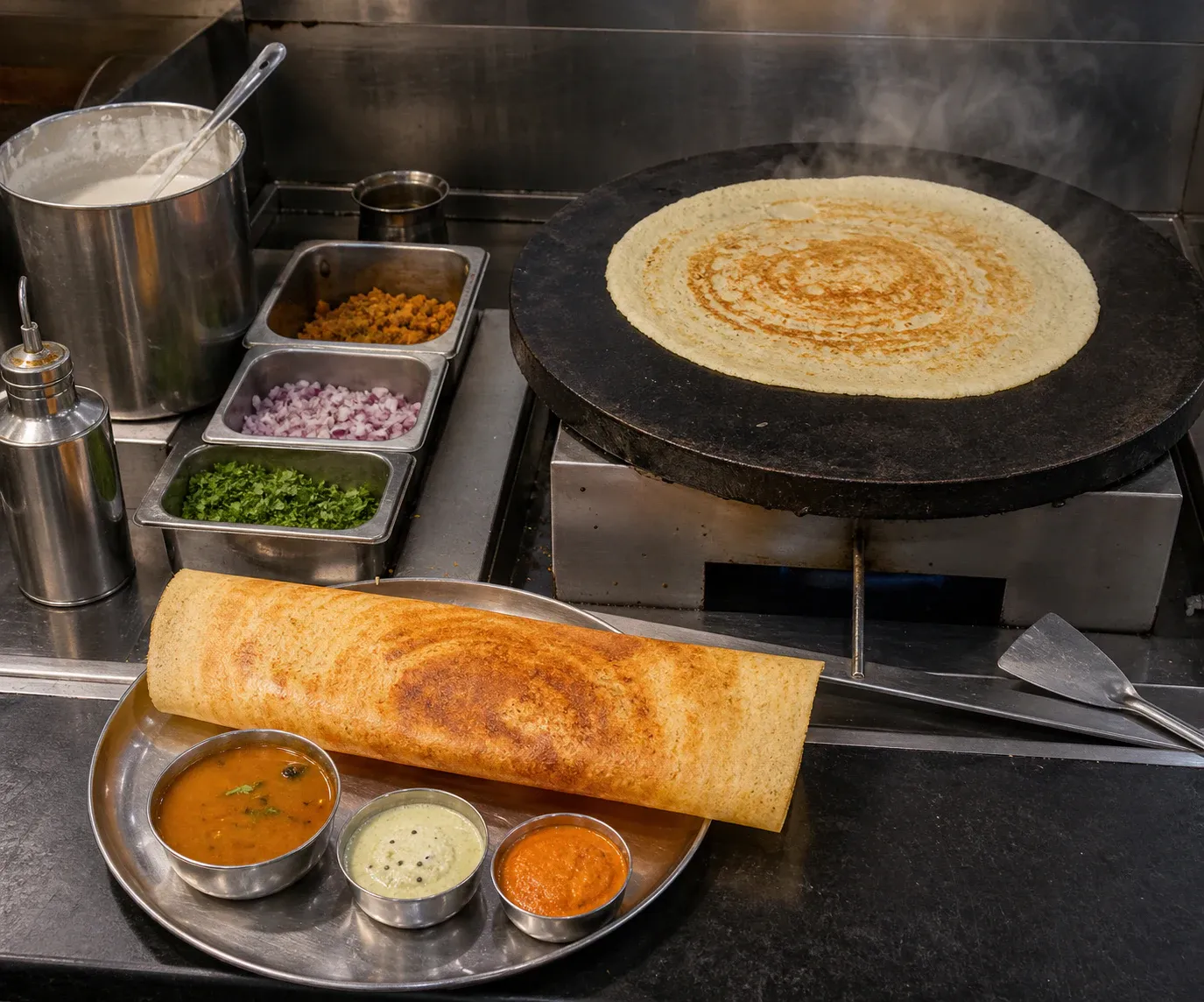 A professional Indian restaurant food and preparation scene