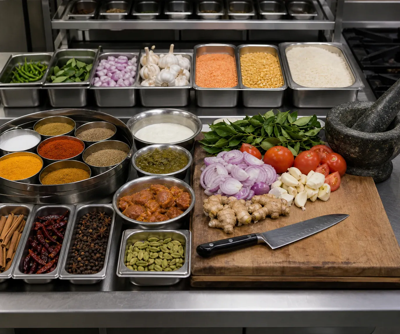 A professional Indian restaurant food and preparation scene