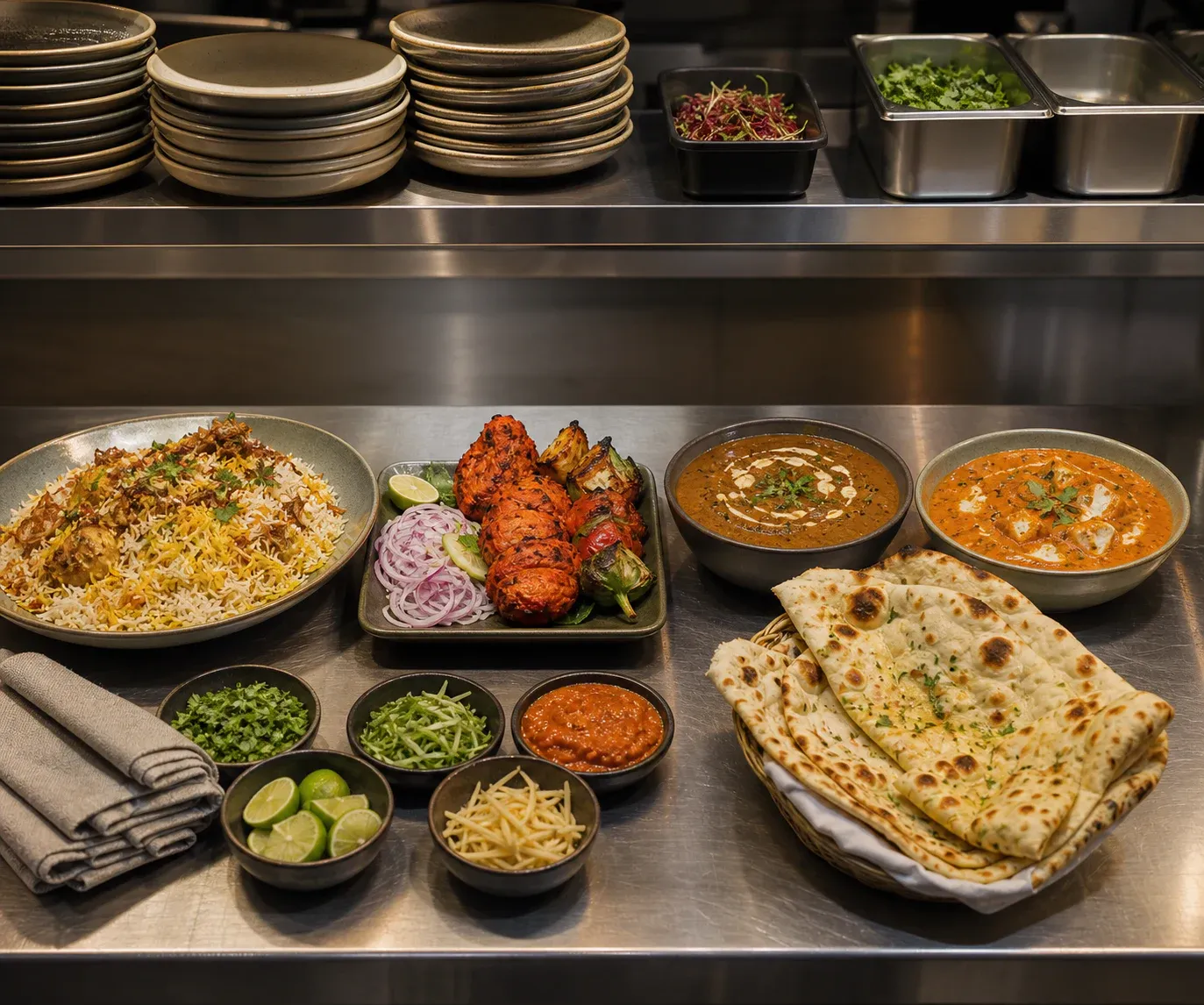 A professional Indian restaurant food and preparation scene