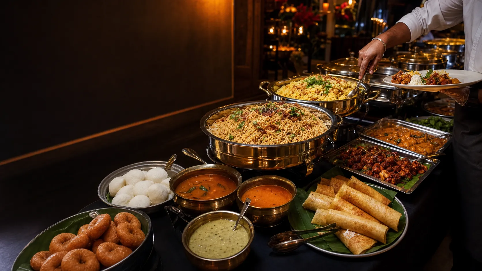 An elegantly arranged Indian feast with brass serving ware, aromatic curries, and warm candlelight