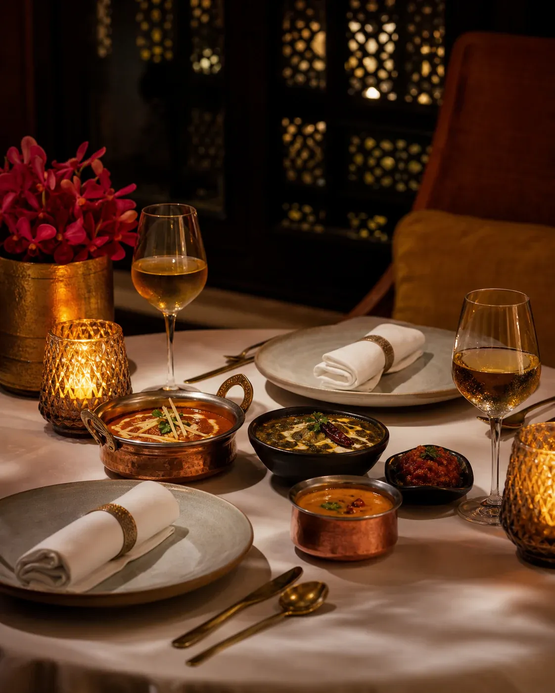 An anniversary table set with Indian dishes and soft lighting