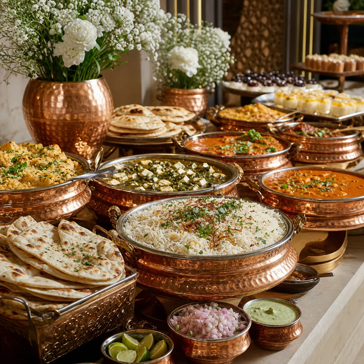 A wedding catering spread with Indian dishes and ceremonial decor