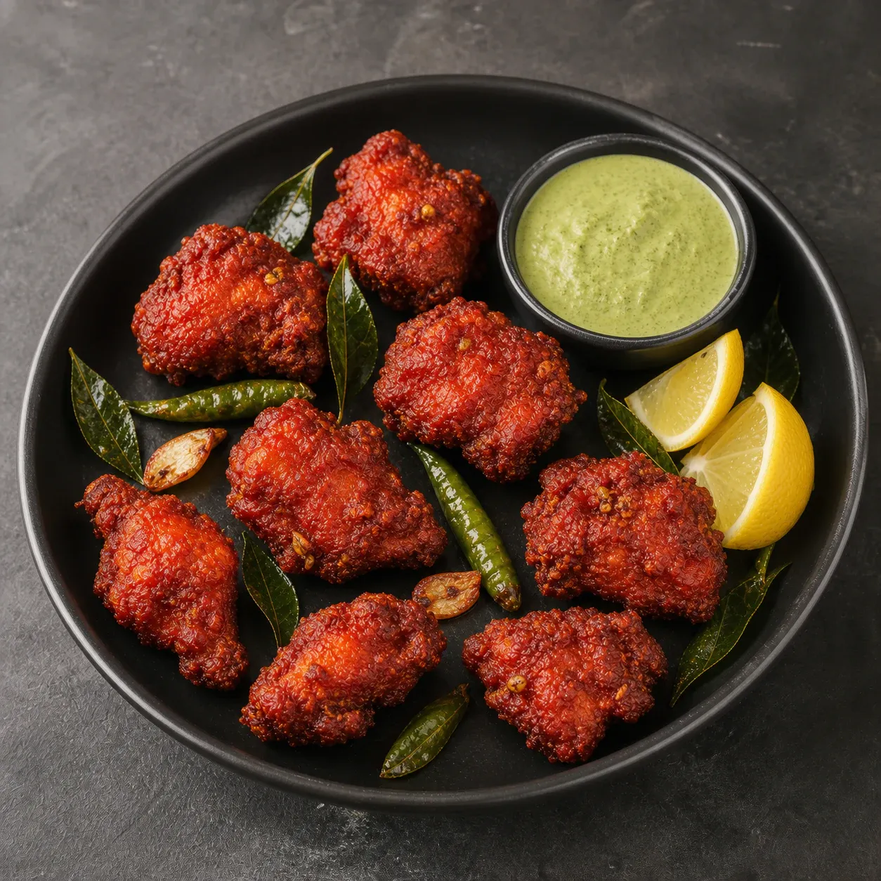 Eight pieces of Chicken 65 with curry leaves, green chilies, and mint chutney