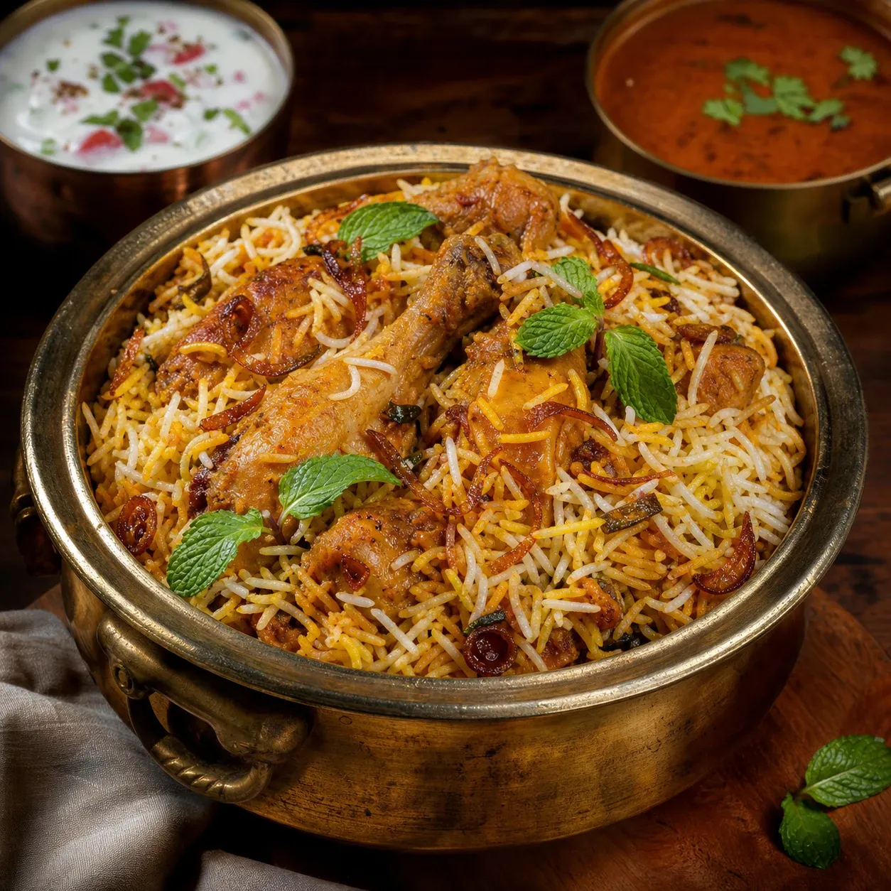Chicken Dum Biryani with Dosa and Chutneys