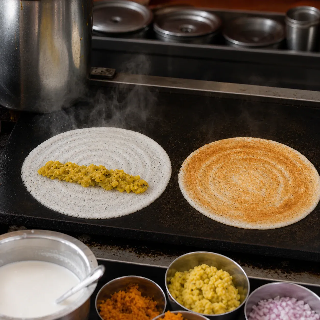 Masala dosa and plain dosa cooking together on a rectangular griddle
