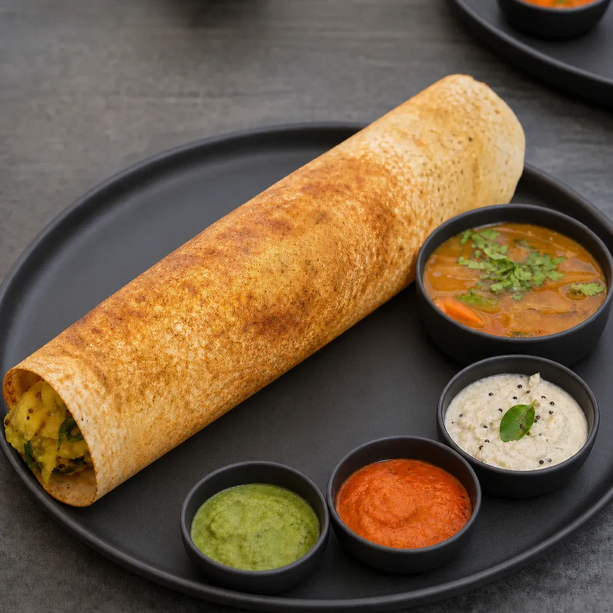 A plated dosa with chutneys on a dark surface