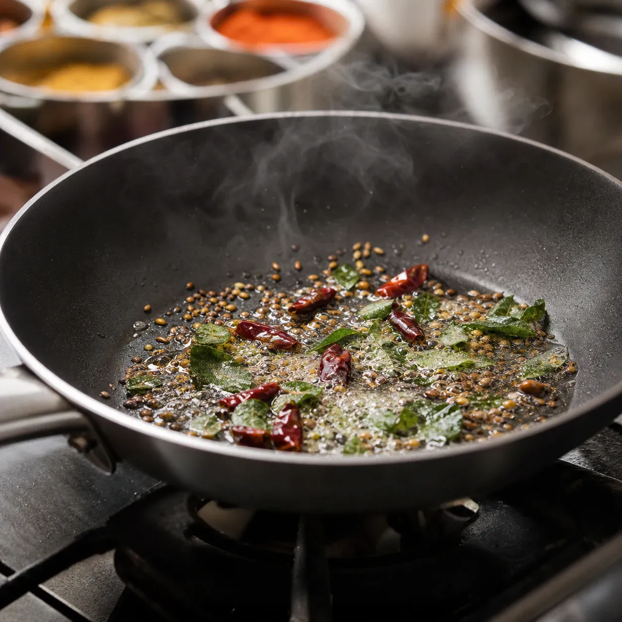 Spices tossed into a pan during cooking