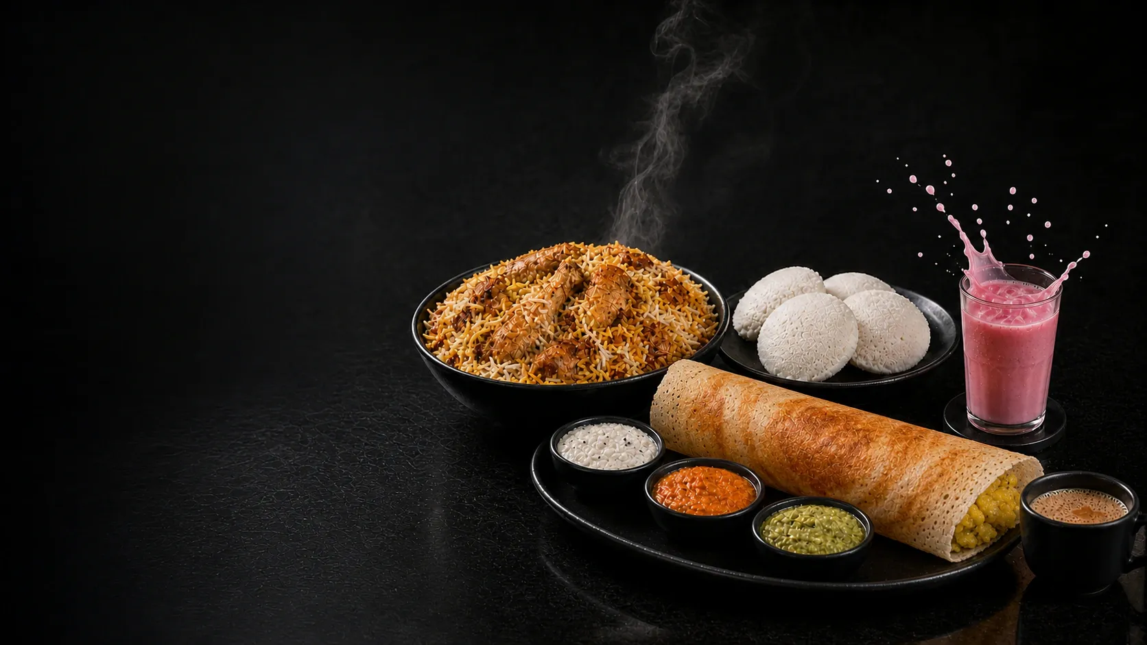 A South Indian breakfast spread with dosa, chicken dum biryani, and rose milk served in black tableware.