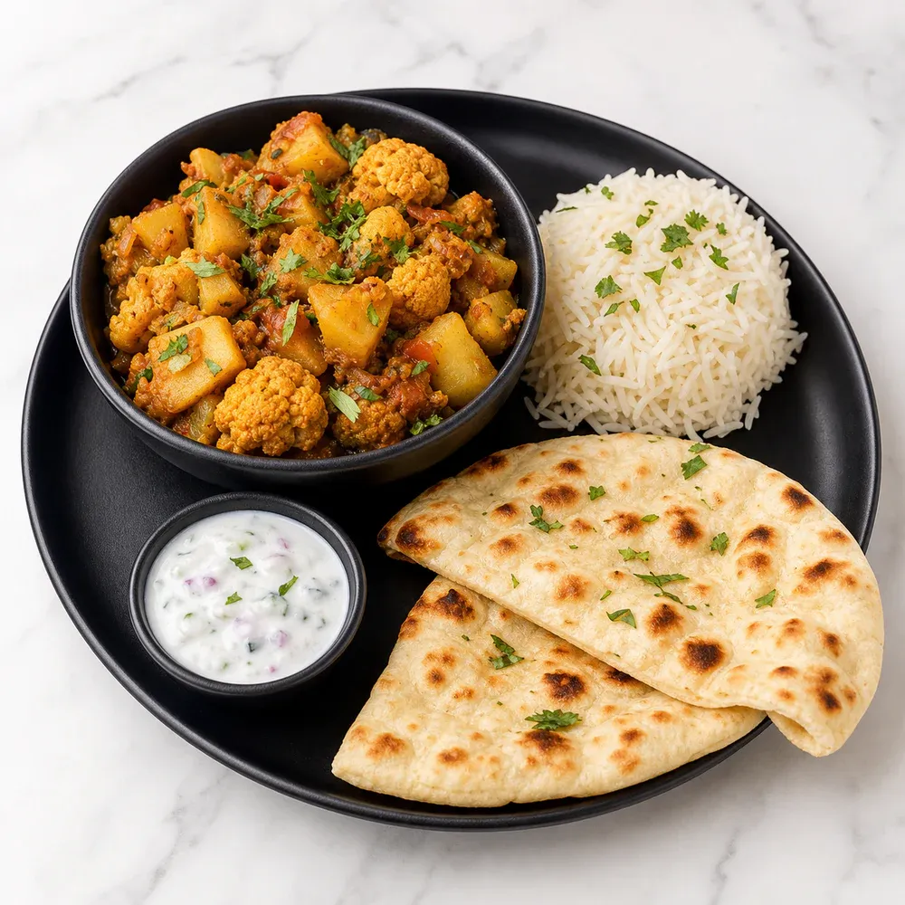 Aloo gobi served with rice, naan, and a side.