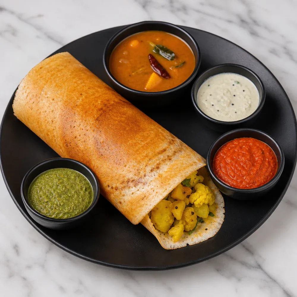 A crispy dosa filled with spiced potato and cauliflower, served with sambar and chutney.