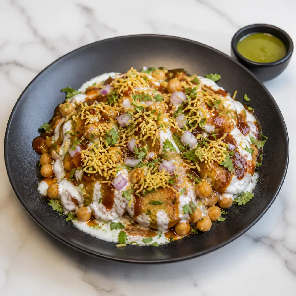 Crisp potato patties topped with chickpeas, yogurt, and sweet-and-tangy chutneys.