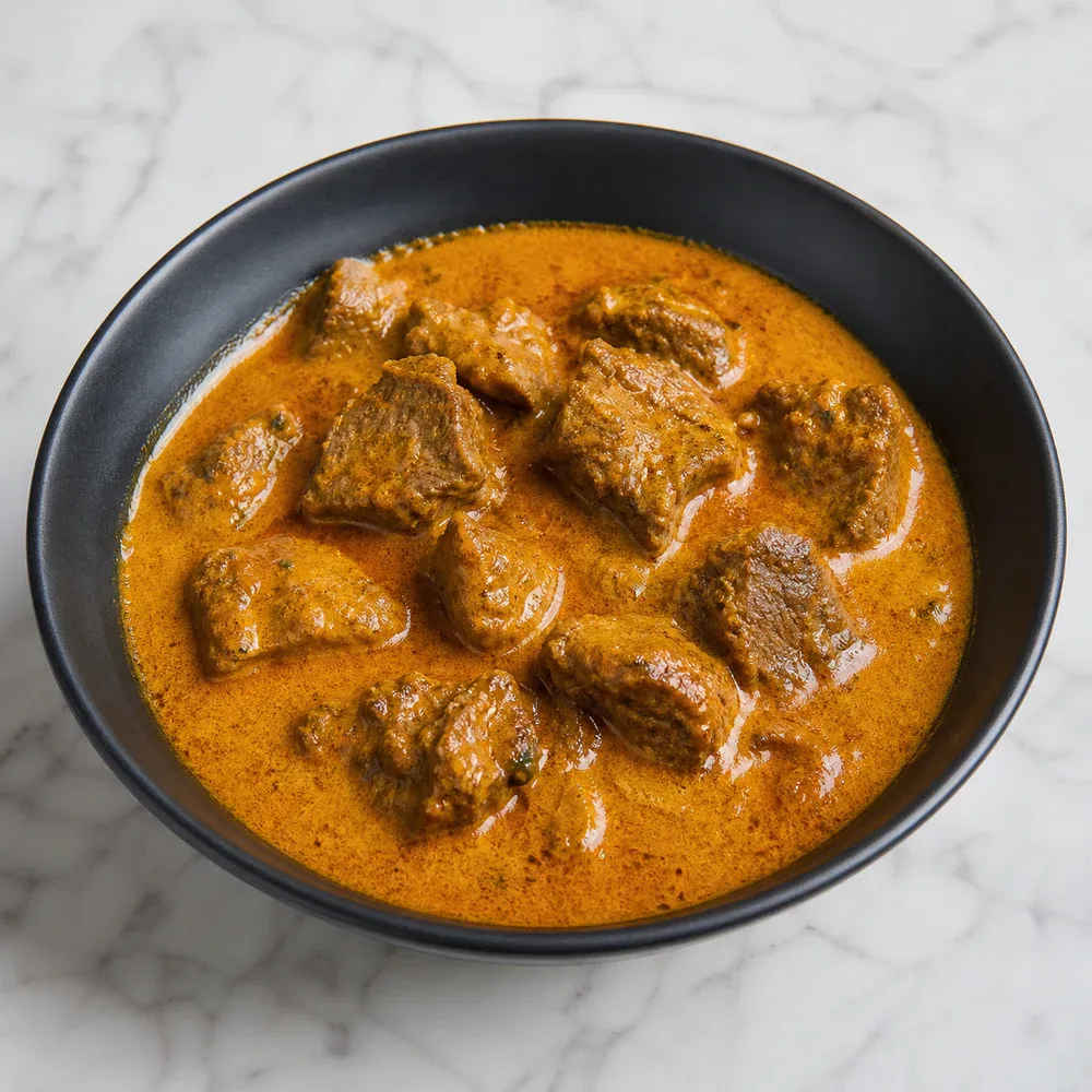 AAA beef simmered in a coconut-milk curry with warm Indian spices.