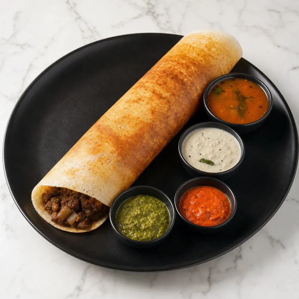 Dosa stuffed with spiced beef masala.