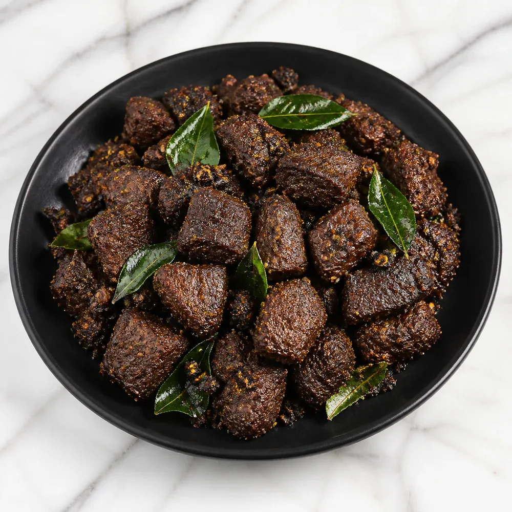 Dry-roasted beef tossed with curry leaves, pepper, and home-ground spices.