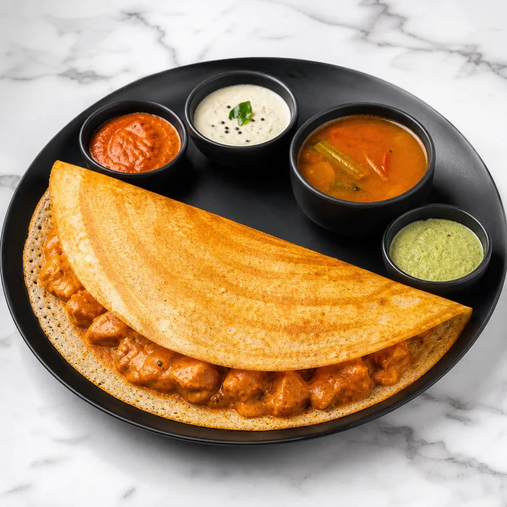 Dosa stuffed with creamy butter chicken.