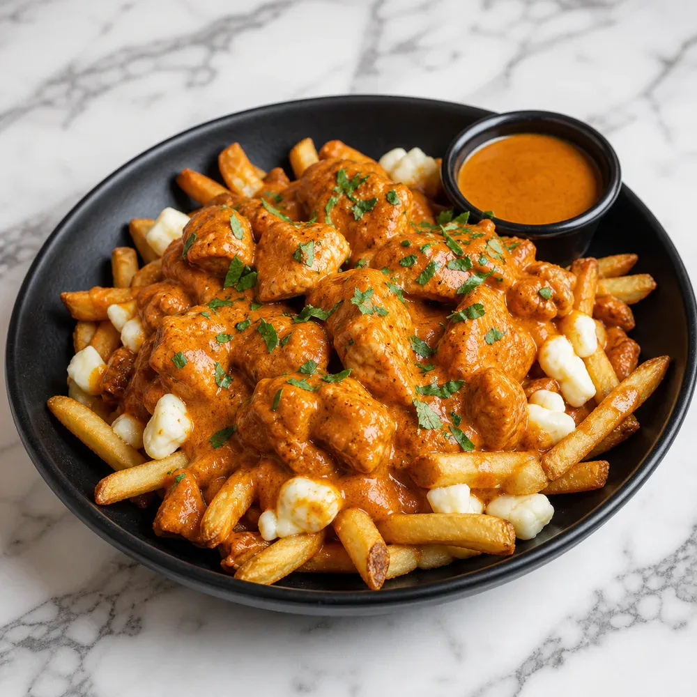 Fries with butter chicken and cheese curds.