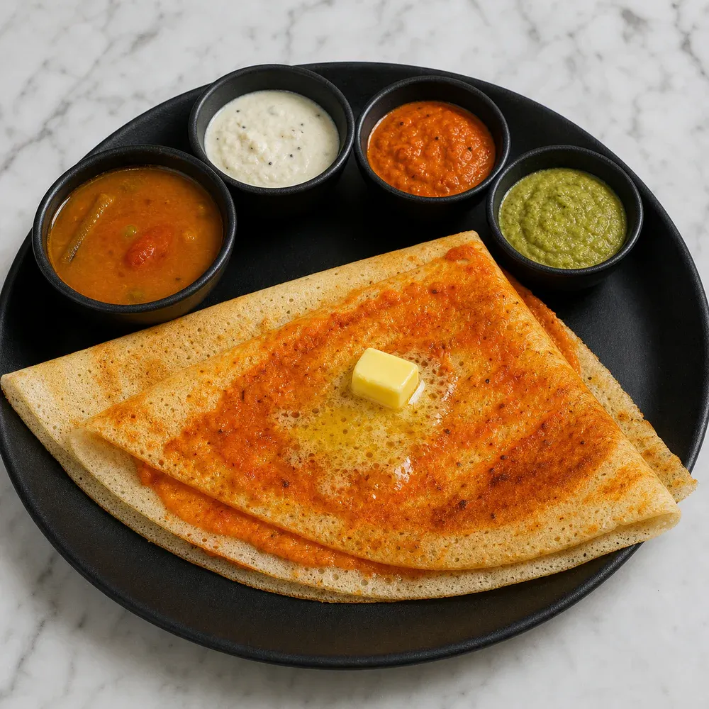 Mysore dosa layered with spicy red chutney and butter.