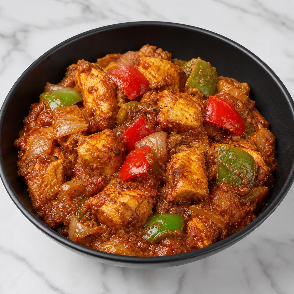 Meat cooked with onions, bell peppers, tomatoes, and home-ground spices.