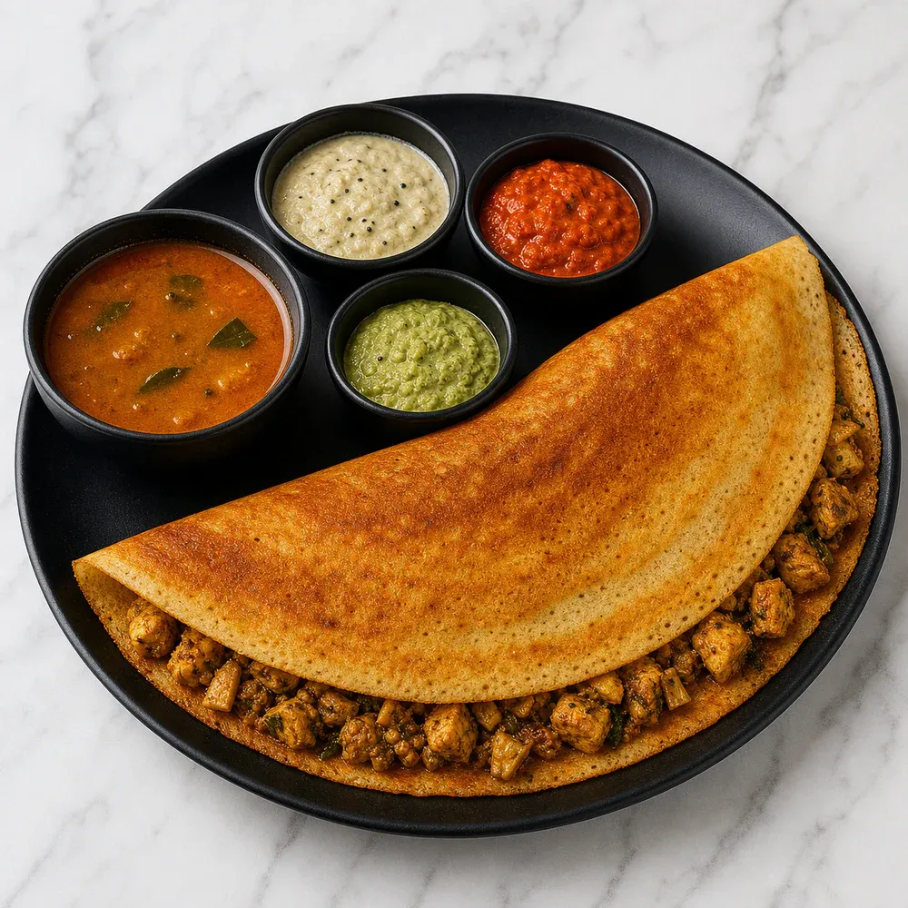 Classic South Indian-style spiced chicken dosa.