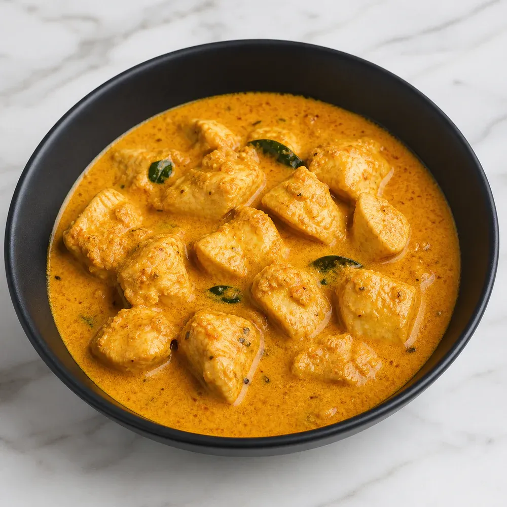 Boneless chicken breast cubes in a classic coconut sauce.