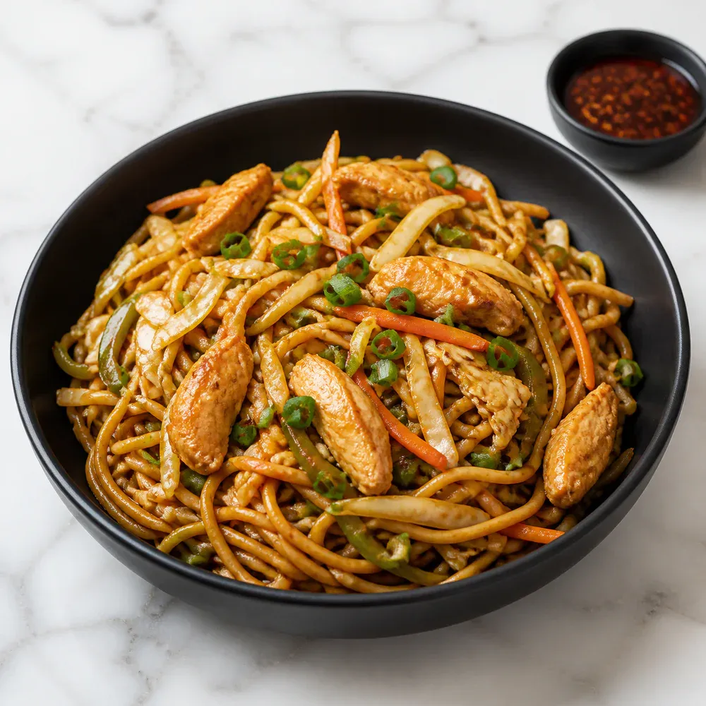 Stir-fried noodles with chicken, vegetables, and Indo-Chinese sauces.