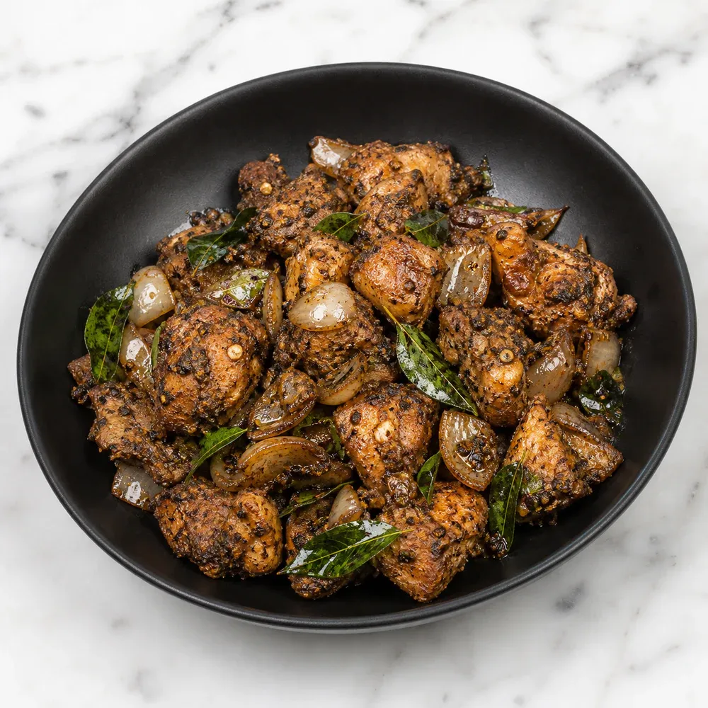 Chicken tossed with curry leaves, onions, and crushed black pepper.