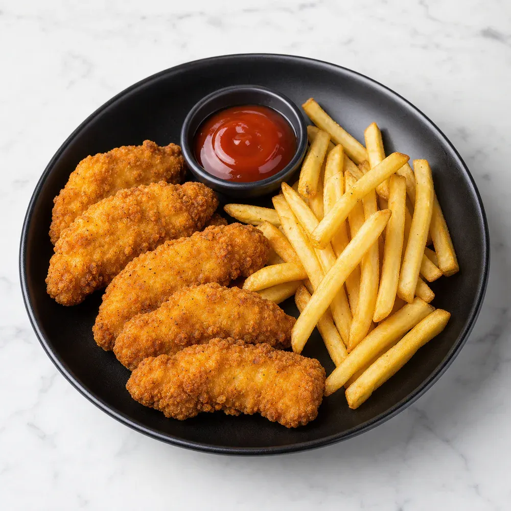 Breaded chicken tenders served with fries — a kid-friendly favorite.