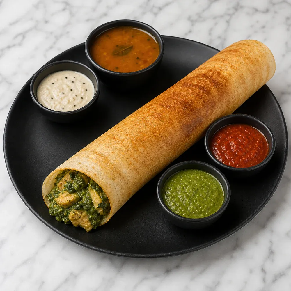 Dosa stuffed with creamy spinach chicken.