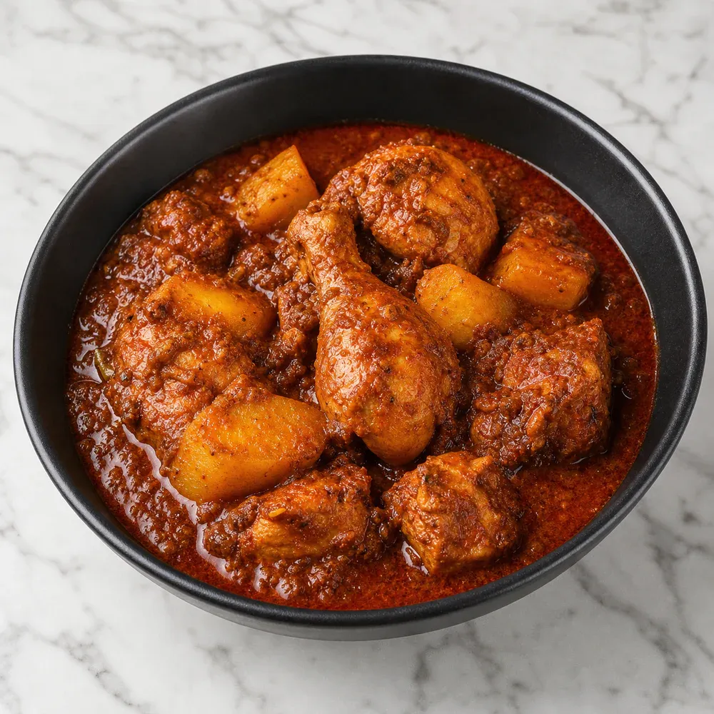 Goan-style chicken cooked with red chili and potatoes.