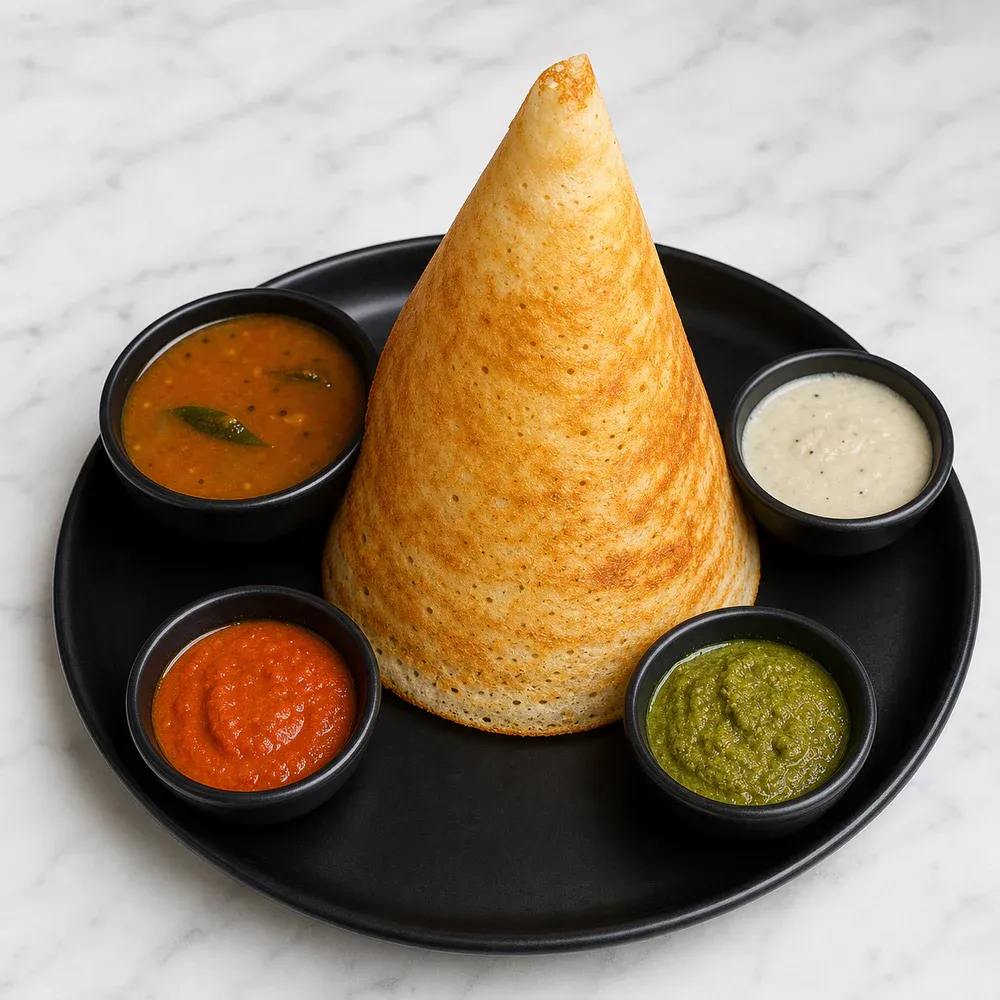 A crispy dosa rolled into a tall cone, served with chutney and sambar.