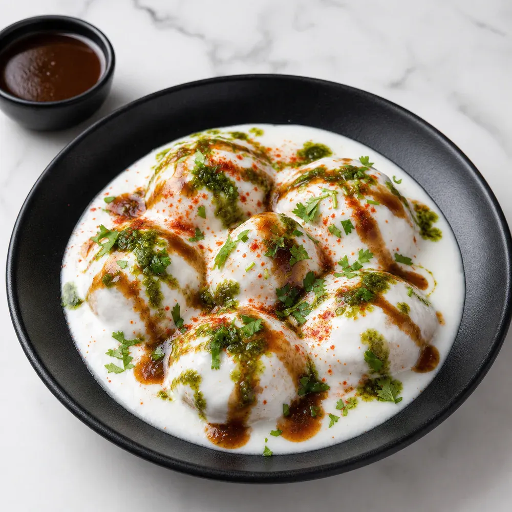 Soft lentil dumplings soaked in sweetened yogurt with tamarind and mint chutneys.