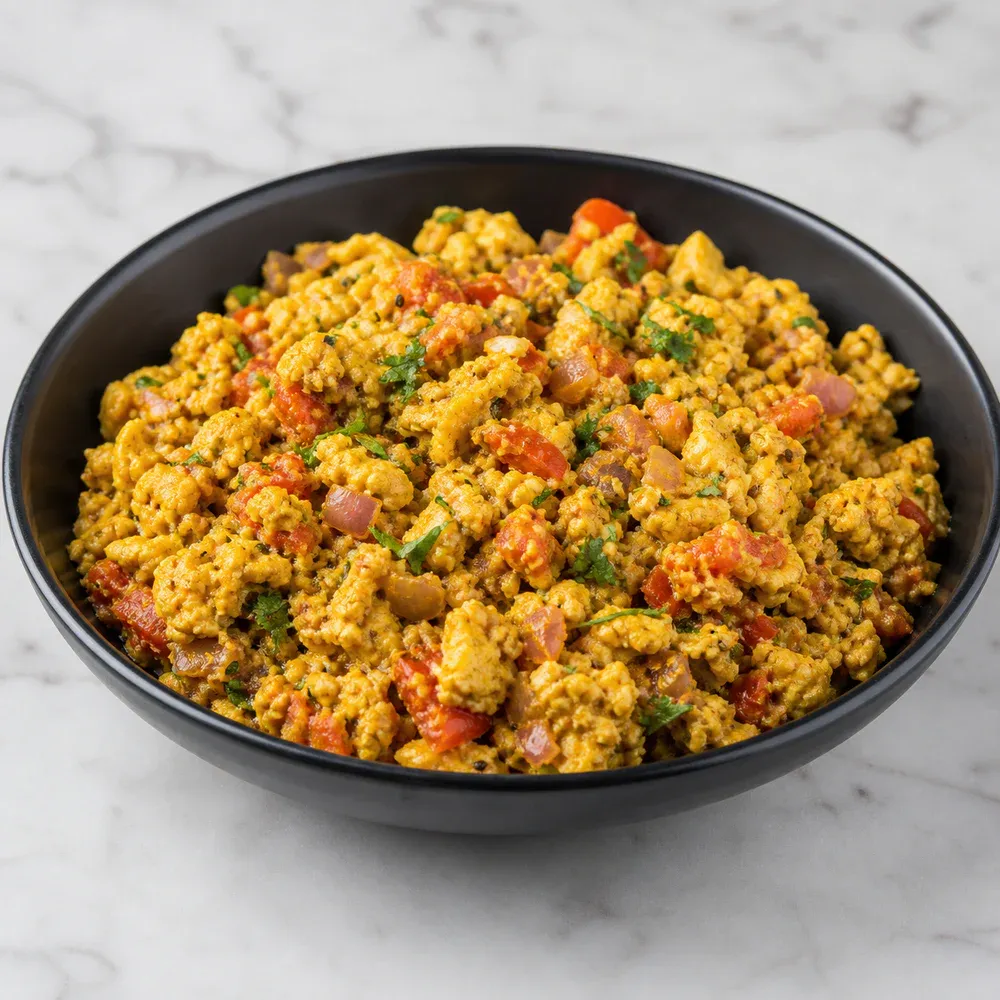 Scrambled eggs cooked with onions, tomatoes, and spices.