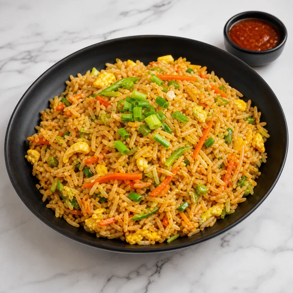 Wok-tossed rice with egg, vegetables, and Indo-Chinese sauces.