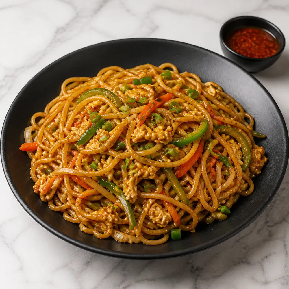 Stir-fried noodles tossed with egg, vegetables, and Indo-Chinese sauces.