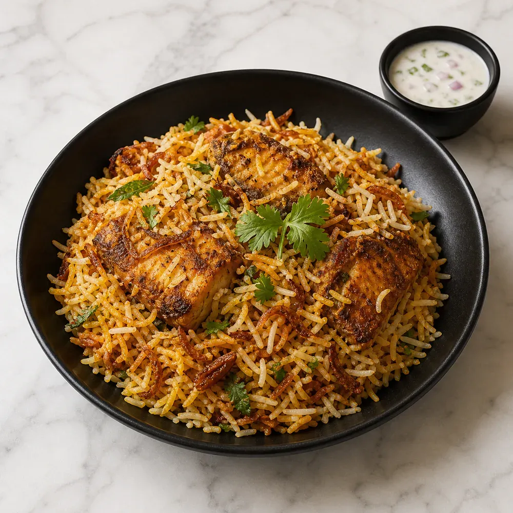 Fish layered with fragrant basmati rice, herbs, and biryani spices.