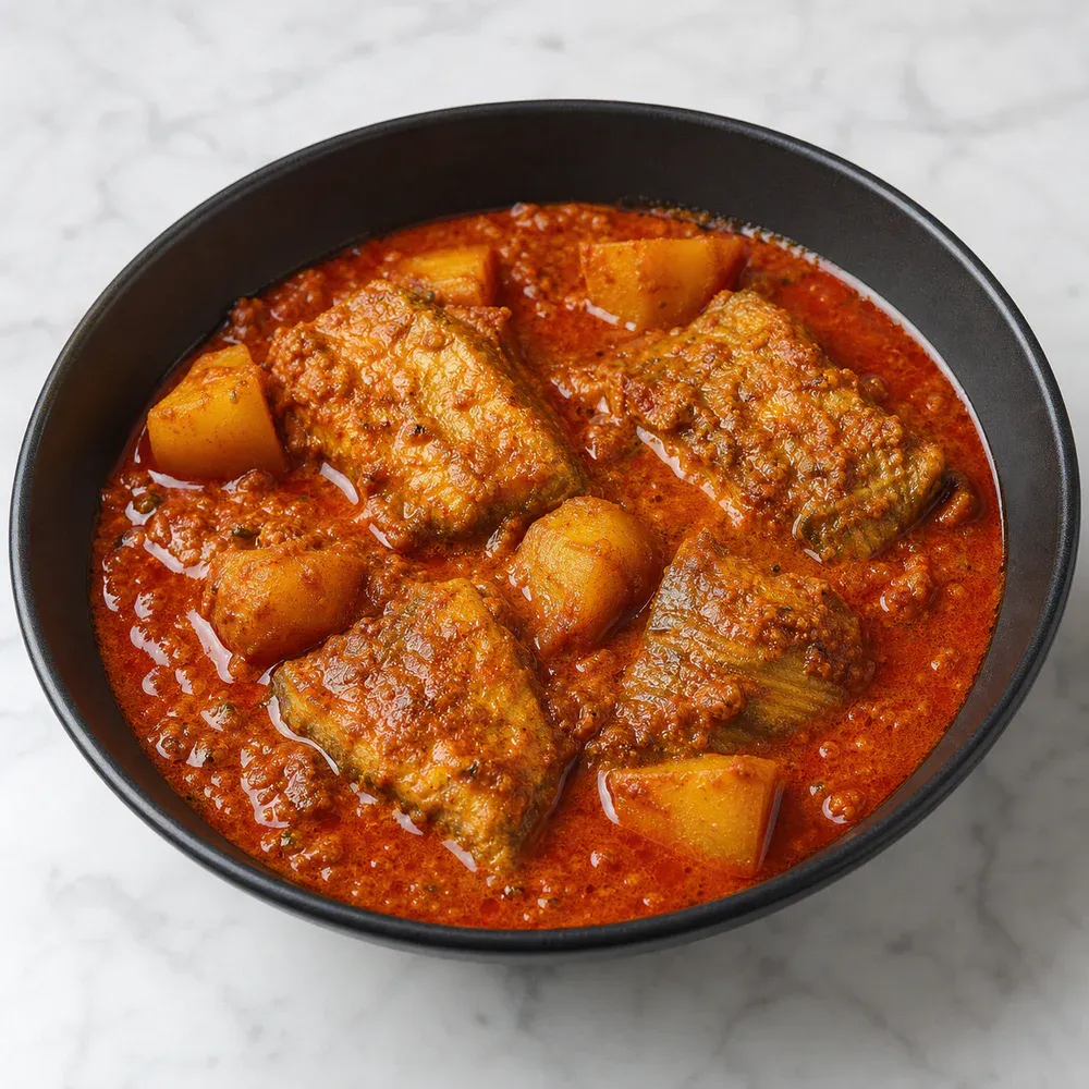Goan-style fish curry with red chili, potatoes, and vinegar.