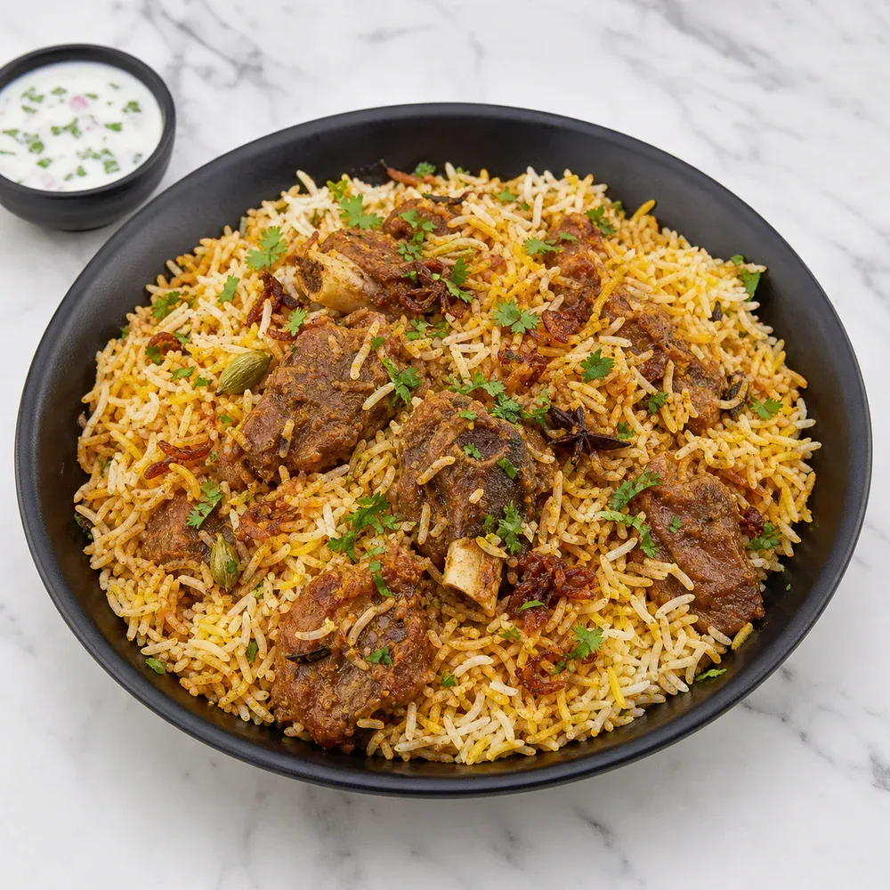Goat layered with fragrant basmati rice, herbs, and biryani spices.