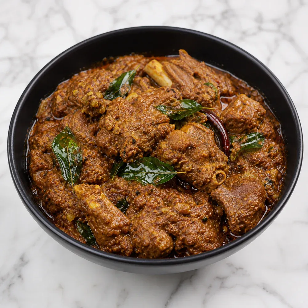 Flavorful goat curry made with home-ground Chettinad spices.