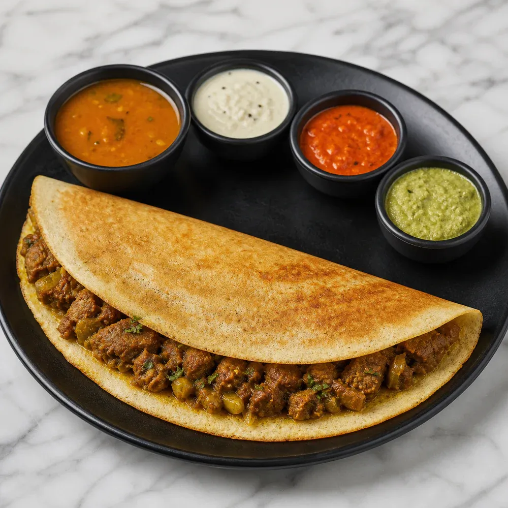 Dosa stuffed with tender goat curry.