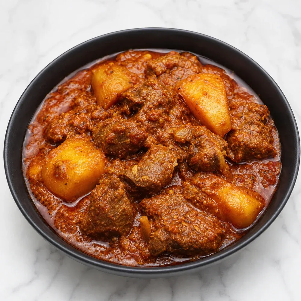 Goan-style goat curry cooked with red chili and potatoes.
