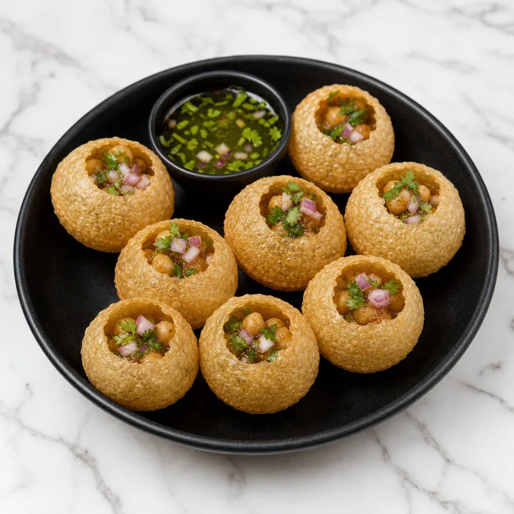 Crispy hollow puris filled with spiced tamarind-mint water and chickpeas.