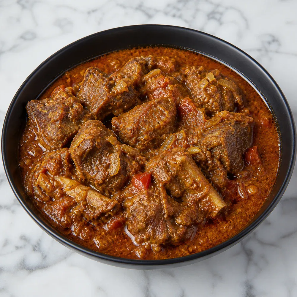 Tender bone-in goat cooked homestyle with onions, tomatoes, and spices.