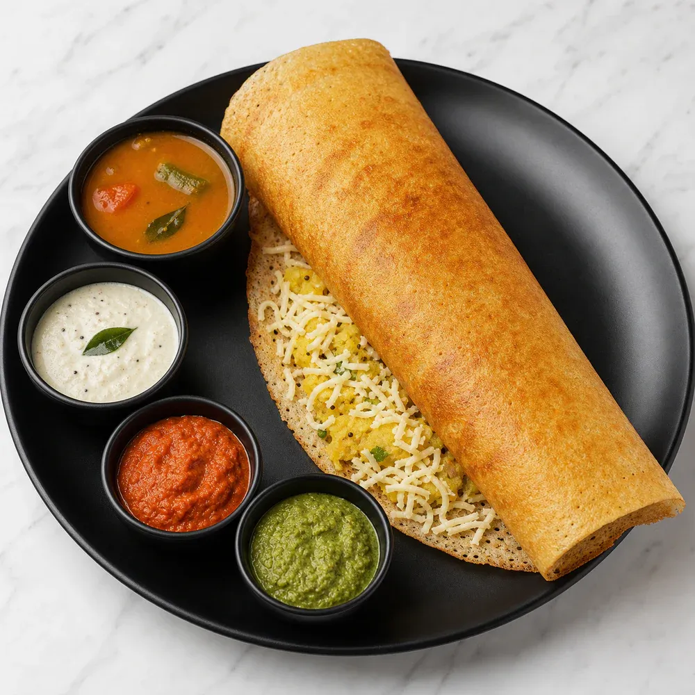 Dosa stuffed with masala and grated paneer cheese.