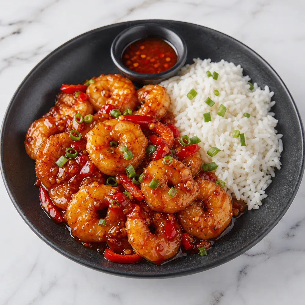 Crispy shrimp tossed in a sweet-and-spicy honey chilli sauce, served with rice or noodles.