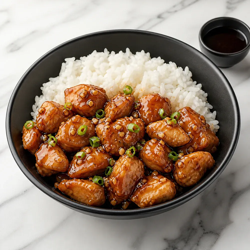 Wok-tossed chicken in a sticky honey-garlic sauce, served with rice or noodles.