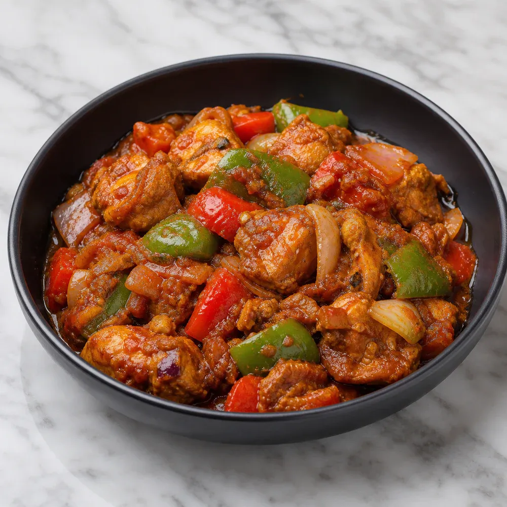 Chicken cooked with onions, tomatoes, bell peppers, and home-ground spices.