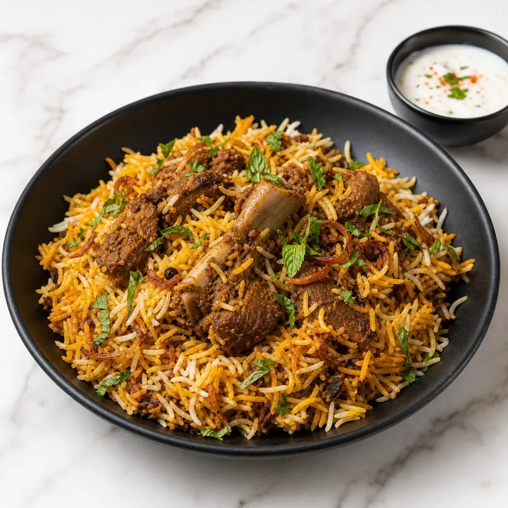Lamb layered with fragrant basmati rice, herbs, and biryani spices.