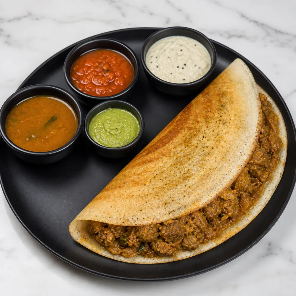 Dosa stuffed with tender boneless lamb curry.