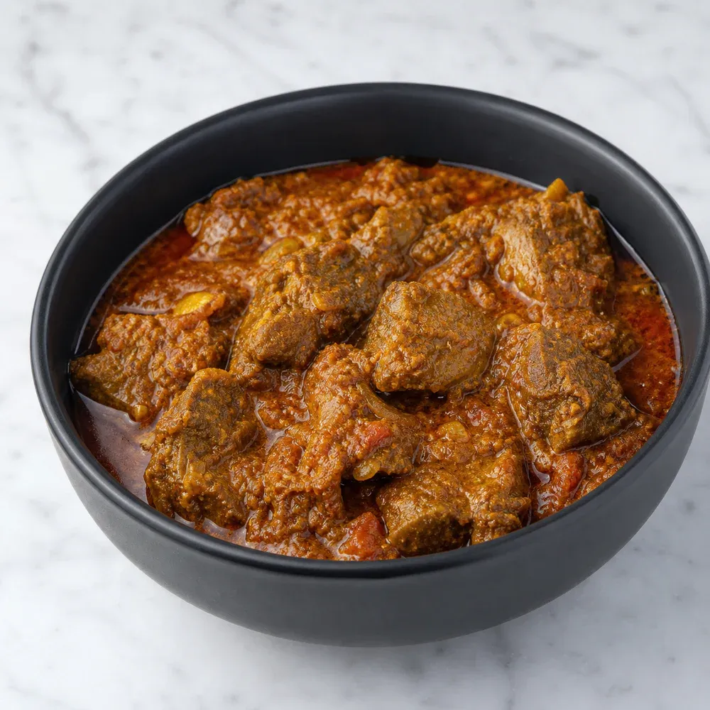 Lamb cubes cooked with onions, tomatoes, and spices.